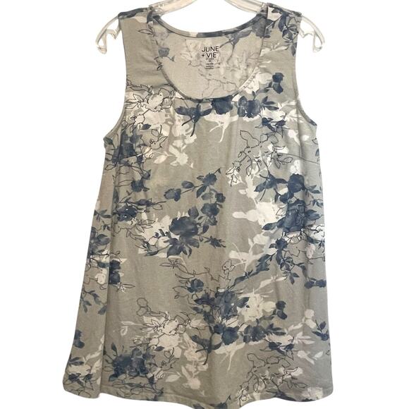 June + Vie Floral Tank Womens Medium Gray Blue Cotton Casual Swing Top - Picture 1 of 7